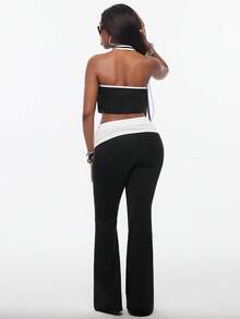 Vadaroq Women Summer 2 Piece Outfit, Halter Crop Top And Fold Over Flare Pants Set, Y2K Streetwear 2000s Black And White All Black Going Out Gym Workout - Black - View 5