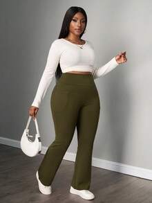 SHEIN PETITE CURVE 大尺碼女款秋冬開學季休閒居家瑜伽舒適戶外純黑色針織彈性腰高腰口袋喇叭褲，口袋內搭褲 - 軍綠色 - 查看 6
