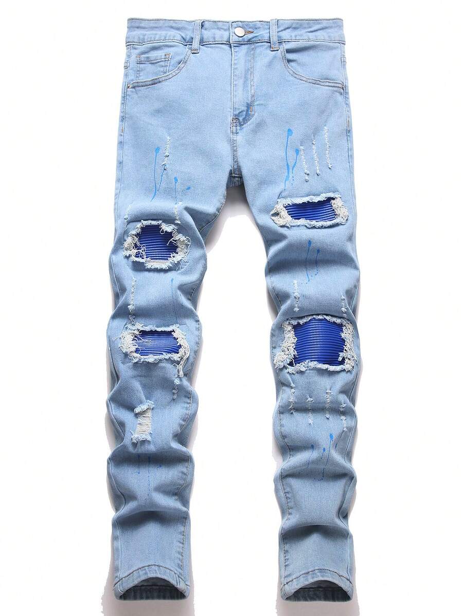 Manfinity Roughcore Vaqueros de mezclilla casuales con bolsillos rasgados y ajuste ceñido para hombre, vaqueros rasgados de estilo streetwear - Lavado ligero - Ver 1
