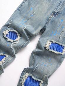 Manfinity Roughcore Men's Slim Fit Ripped Pocket Casual Denim Jeans Men Ripped Jeansstreetwear Jeans - Light Wash - View 3