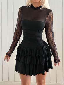 SHEIN EZwear Women's Romantic Elegant Goth Sexy Lace Ruffle Multi-Layer Hemline Dress Club Night Party Black Floral Autumn Halloween - Black - View 7