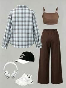 SHEIN Teen Girls 3pcs/Set Daily Commute Gentle Fresh Elegant Spring, Loose, Vacation, Back To School, Knit, Vintage, Autumn, Brown - Brown - View 2