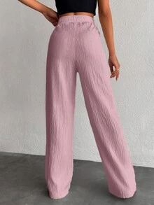 EURMUSE Women's Pure Cotton Small Size Solid Color Drawstring Long Waist Pants - Dusty Pink - View 2