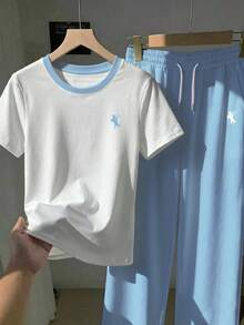 SHEIN EZwear 2件組刺繡圓領短袖上衣與條紋印花長褲，休閒風 - 淺藍色 - 查看 7