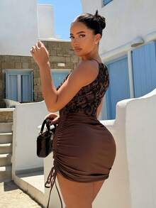 SHEIN Glamour Brown Sleeveless Spring/Summer Cinched Waist Side Drawstring Ruffle Mesh Patchwork Sequin Mini Dress, Date Birthday Party Evening Cocktail Dress, Elegant Slimming Sexy Style Short Dress, All Season - Coffee - View 7