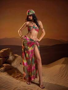 Barévion Vacation Style Pink And Green Floral Halter Neck Swimsuit Set, Sexy Tropical Mesh Split Maxi Dress Beach Cover-Up 2pcs Summer - Multicolor - View 7