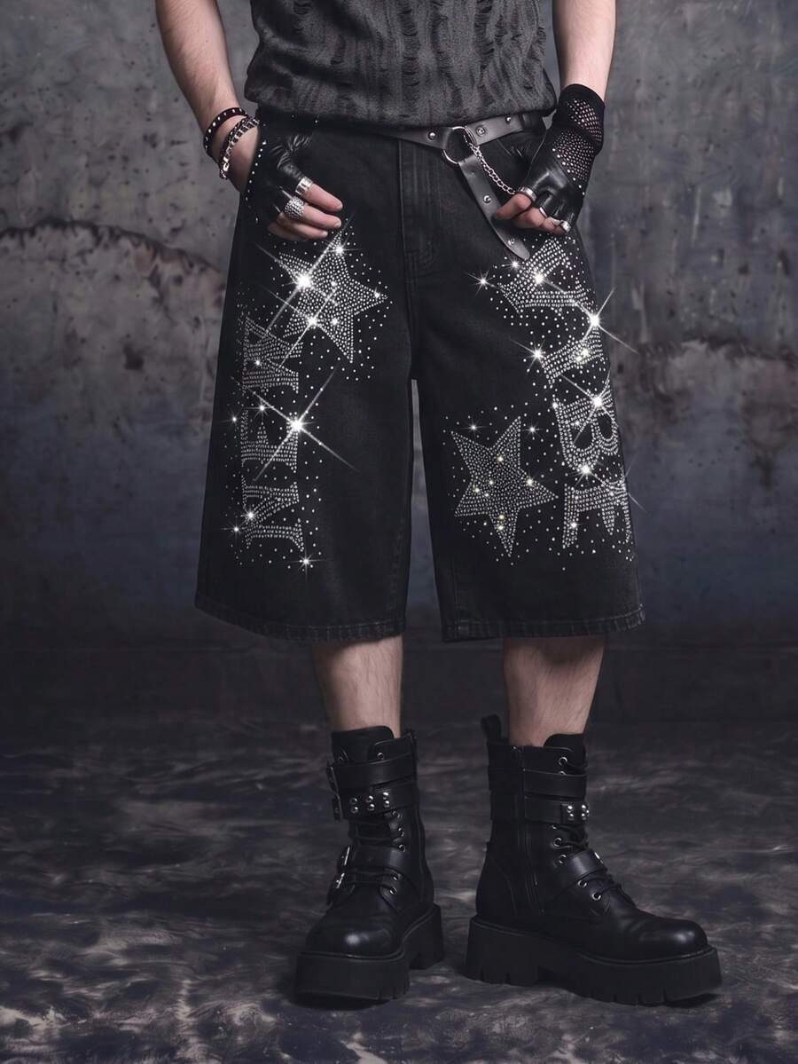 Vyqestra Men's Hiphop Streetwear Rhinestone Star Washed Black Denim Shorts - Black - View 1