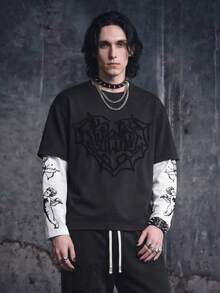Vyqestra 男士街头风流行 INS 搭配天使丘比特印花刺绣爱心户外音乐节夜店男友丈夫礼物周年纪念礼物二合一 T 恤，适合秋季 - 彩色 - 查看 3