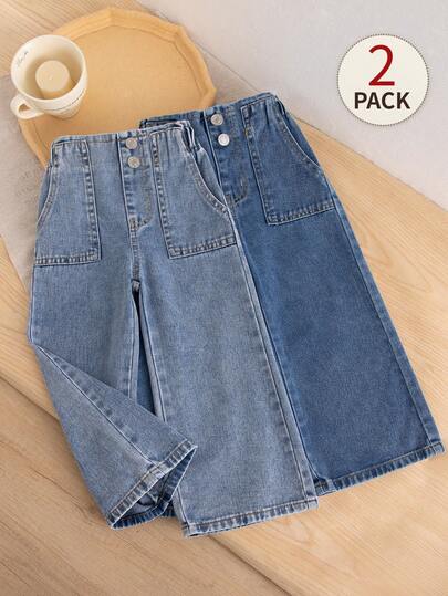 SHEIN Setelan Kasual Denim 2 Potong untuk Anak Perempuan, Kain Denim Biru Pudar, Desain Pinggang Tinggi dengan Kancing Logam, Dua Saku Besar, Potongan Lurus Kaki Lebar, Bahan Denim Nyaman, Serbaguna untuk Pemakaian Sehari-hari, Cocok untuk Sekolah dan Jalan-jalan, Cocok untuk Semua Musim