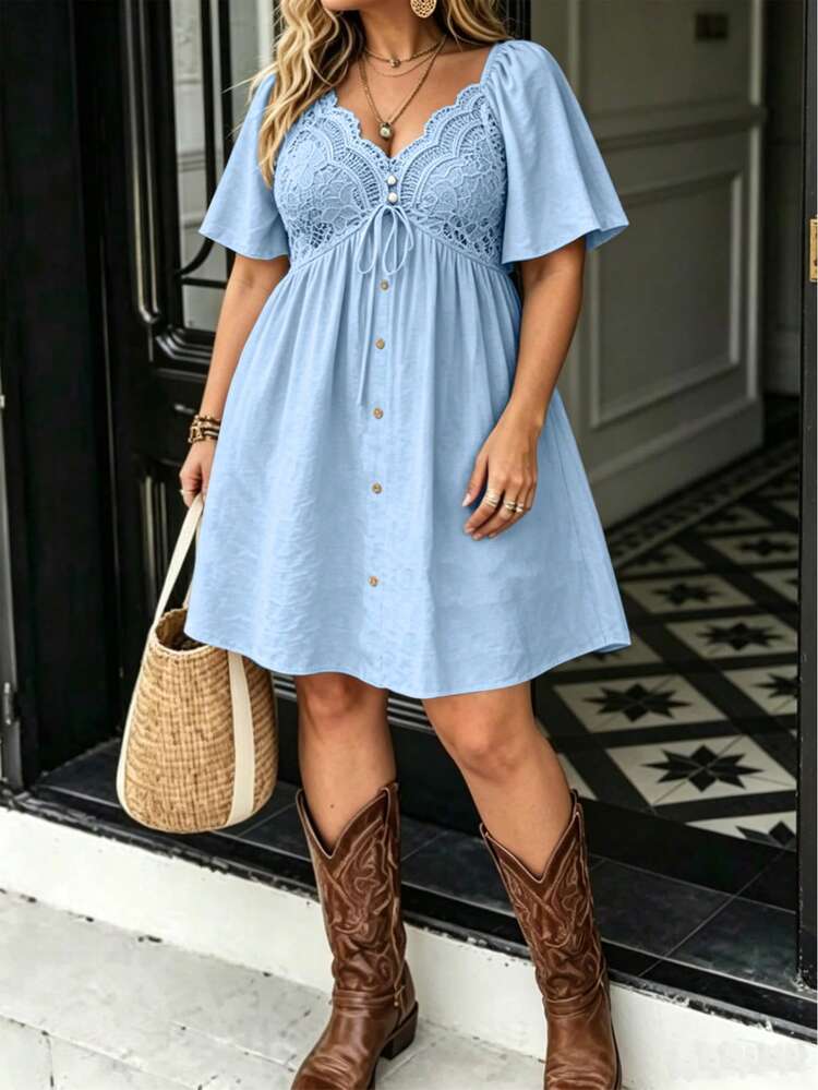 LanaWest CURVE Plus Size Spring/Summer Vacation Lace Patchwork Dress - Blue - View 1