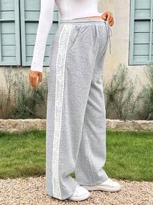 Lyckli Maternity Side Contrast Lace Drawstring Waist Pocket Wide Leg Casual Long Pants Winter - Grey - View 6