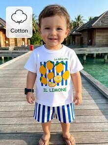 1 Set Baby Boy Casual Minimalist Vacation Style Lemon Pattern Pure Cotton Short Sleeve T-Shirt With Striped Print Shorts Set Suitable For Outings Summer Blue And White Color Summer Set Suitable For Vacation, Beach, Outings - Multicolor - View 3