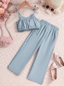 SHEIN 1 Random Pc Young Girl Bow Spaghetti Strap Vest Set, Vacation, Back To School, Daily - Dusty Blue - View 2