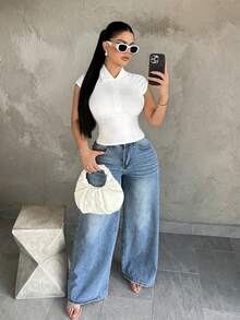 SHEIN SXY Weißes Sommer-T-Shirt für Damen, sexy und schick für den Abend, mit Polokragen, Knopfleiste und figurbetonter Taille, lässiges einfarbiges Kurzarm-Sommertopp, elegante Business-Bluse - Weiss - Übersicht 3
