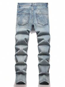 Manfinity Roughcore Men's Slim Fit Ripped Pocket Casual Denim Jeans Men Ripped Jeansstreetwear Jeans - Light Wash - View 2