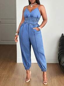 Slaydiva Plus Size Women's Pleated Pocket Casual Strappy Denim Jumpsuit - Blue - View 3
