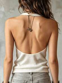 EMERY ROSE Top de punto con cuello halter y escote en V superpuesto de color liso para mujer - Albaricoque - Ver 2