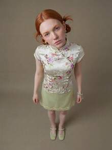 Elnivra Women's Sweet 60s 70s Elegant Satin Floral Print Glossy Top With Cap Sleeves Qipao Collar Drawstring Tie Frog Buttons Slit Hem Champagne - Apricot - View 5