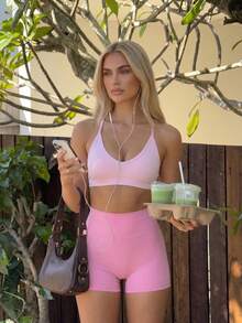 Fluxe Minimalist Solid Color Racerback Sports Bra - Baby Pink - View 2