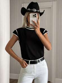 Women's Short-Sleeved Circle Neck Viscose Blouse - Black - View 1