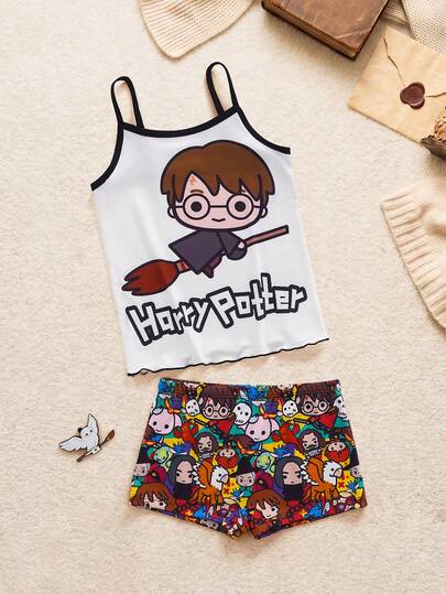 HARRY POTTER X SHEIN 青少年女孩卡通印花細肩帶背心 + 低腰內褲 2件組