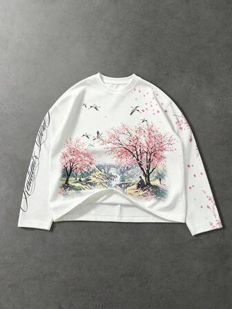 Camiseta de manga larga con estampado de paisaje y tejido de gofre para hombre