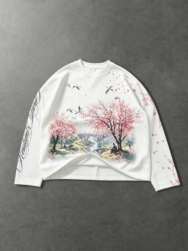 ROMWE MEN Men's Landscape Print Waffle Knit Long Sleeve T-Shirt