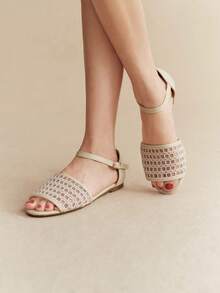Rosivie Women's Gold Mesh Hollowed-Out Sandals, Open-Toed Flat-Soled Roman Shoes, Essential Beach Flats In Summer, Versatile For Commuting - Beige - View 11