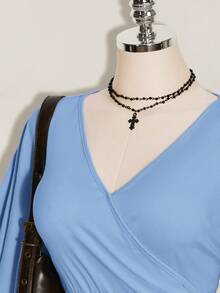 SHEIN ICON 女款大尺碼V領純色百褶休閒百搭日常穿搭T恤 - 藍色 - 查看 4