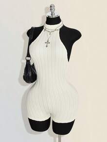 SHEIN ICON 女款黑色掛脖露背緊身貼身高領基本款休閒連身衣 - 杏色 - 查看 9