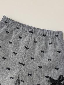 SHEIN 女嬰 3D 蝴蝶結裝飾黑色上衣搭配蝴蝶結印花短褲，適合日常休閒與度假穿著 - 灰色 - View 5