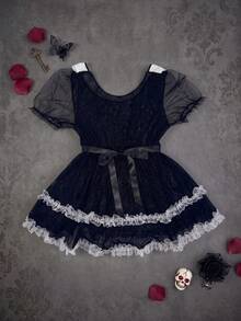AltCore Lencería sexy de encaje patchwork transparente para citas, talla grande - Negro - Ver 2