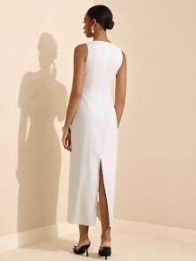 Elafinee V-Neck Sleeveless Lace Patchwork Contrast Color Waist Fitted Slit Dress For Women Party Black And White Summer Elegant Sexy - Multicolor - View 2