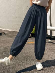 DAZY Women'S Loose Solid-Colored Lantern Pants, Casual Cropped Pants For Summer - Navy Blue - View 8