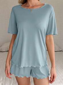 DAZY 女款純色荷葉邊短袖上衣與休閒短褲家居服套裝 夏季 - 藍色 - 查看 4