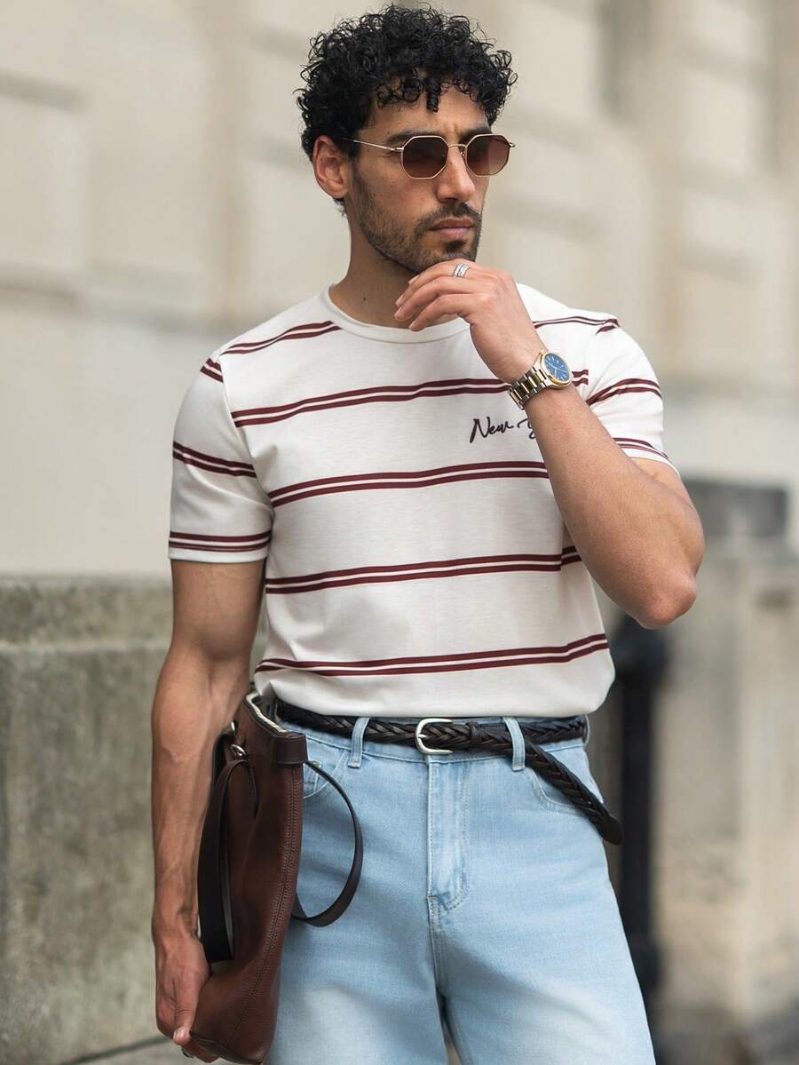 YOUESAWY YOUESAWY Men's Casual Red Striped Pattern T-Shirt, Suitable For Summer, School, Outing, Friend Gift - Apricot - View 1