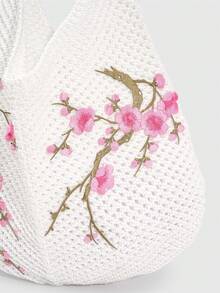 ROMWE Kawaii 1件時尚針織單肩包，白色鏤空梅花刺繡單肩包，適合日常穿搭 - 白粉色 - 查看 6