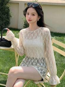 FRIFUL Women's Apricot Loose Sheer Cover Up, Lace Camisole With Bell Sleeve, Spring/Summer,Ruffle Long Sleeve Women Tops - Apricot - View 12