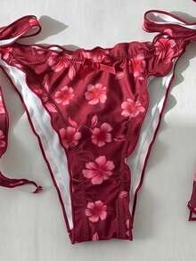 SHEIN Swim 女款分體比基尼泳衣，海灘度假裝、泳池派對穿搭，春夏款，甜美熱帶性感成熟時尚復古優雅酒紅色 - 紅色 - 查看 4