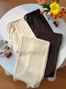 Sweetra Y2K休閒度假百搭學院風紋理布料寬腿長褲 - 彩色 - 查看 5
