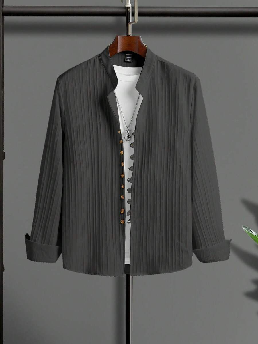 Manfinity Homme Camisa de manga larga de unicolor con diseño de botones delanteros para hombres - Gris Oscuro - Ver 1