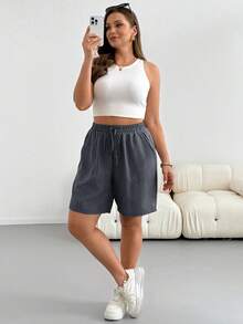 SHEIN Essnce Plus Size Solid Color Minimalist Casual Versatile Drawstring Waist Pocket Shorts Formal Dark Green Summer - Dark Grey - View 6