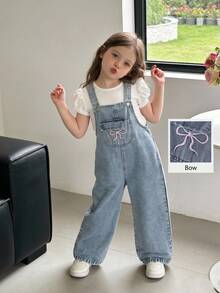 SHEIN ChillGRL Young Girl' 牛仔吊帶褲，開學季休閒淺藍色復古牛仔，蝴蝶結刺繡，磨損水洗，直筒寬鬆版型，適合夏秋季 - 淺色水洗藍 - 查看 9