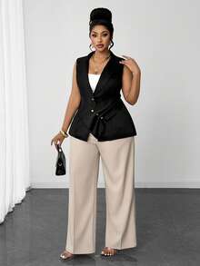 Maweii Gilet blazer casual da donna taglie forti, tinta unita, monopetto, plissettato, da pendolarismo - nero - Visualizzare 5