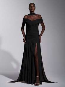Elitara Elegant Minimalist Chic Off-Shoulder Ruched Asymmetric A-Line High Slit Dress, Suitable For Weddings, Formal Events, Galas, And Cocktail Parties - Black - View 7