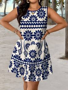 SHEIN CURVE+ Plus Size Women Summer Casual Sleeveless Printed Dress Beach Vacation White - Blue - View 9