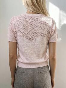 Sprig & Strand Top de punto calado casual para vacaciones de mujer, manga corta, elegante y exquisito, con patrón de bloques de color degradado, ajuste holgado, suéter de punto para primavera y verano - Rosa - Ver 2