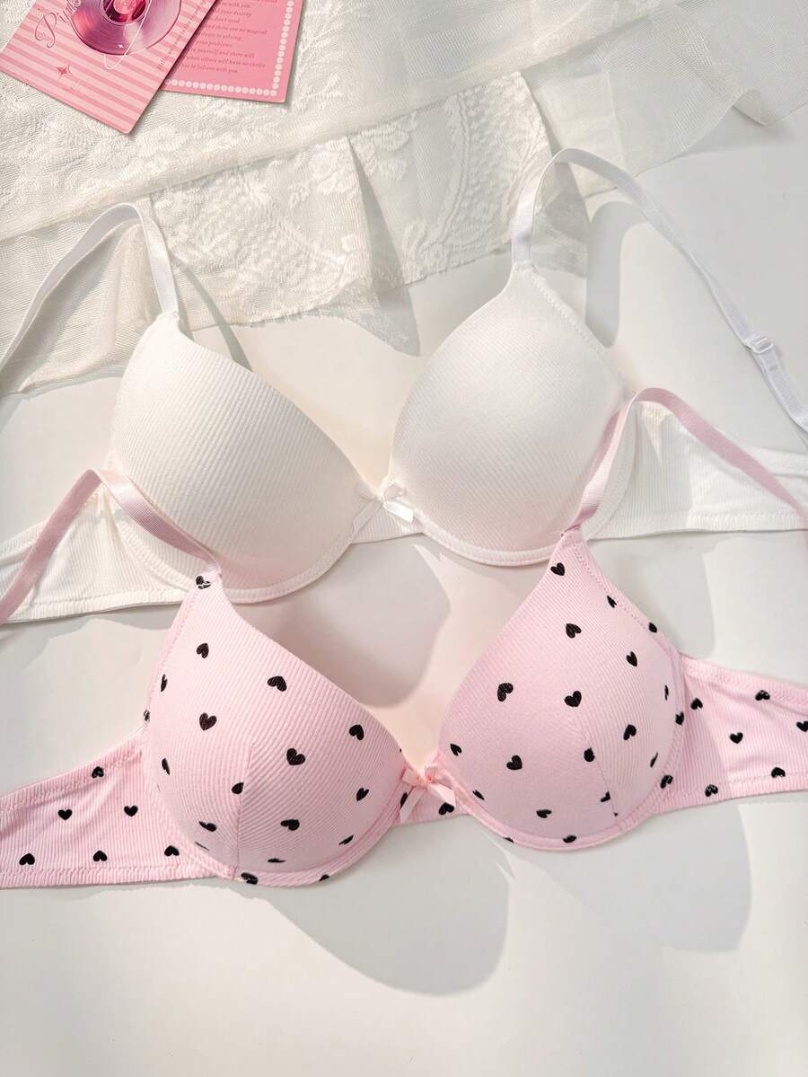 FairyFlirt 甜美女款內衣,愛心印花可愛鋼圈加厚墊胸罩內衣套裝 2件組 - 彩色 - 查看 1