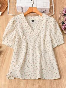Mulvari Camisa de manga corta con botones y estampado floral francés texturizado para tallas grandes - Albaricoque - Ver 1
