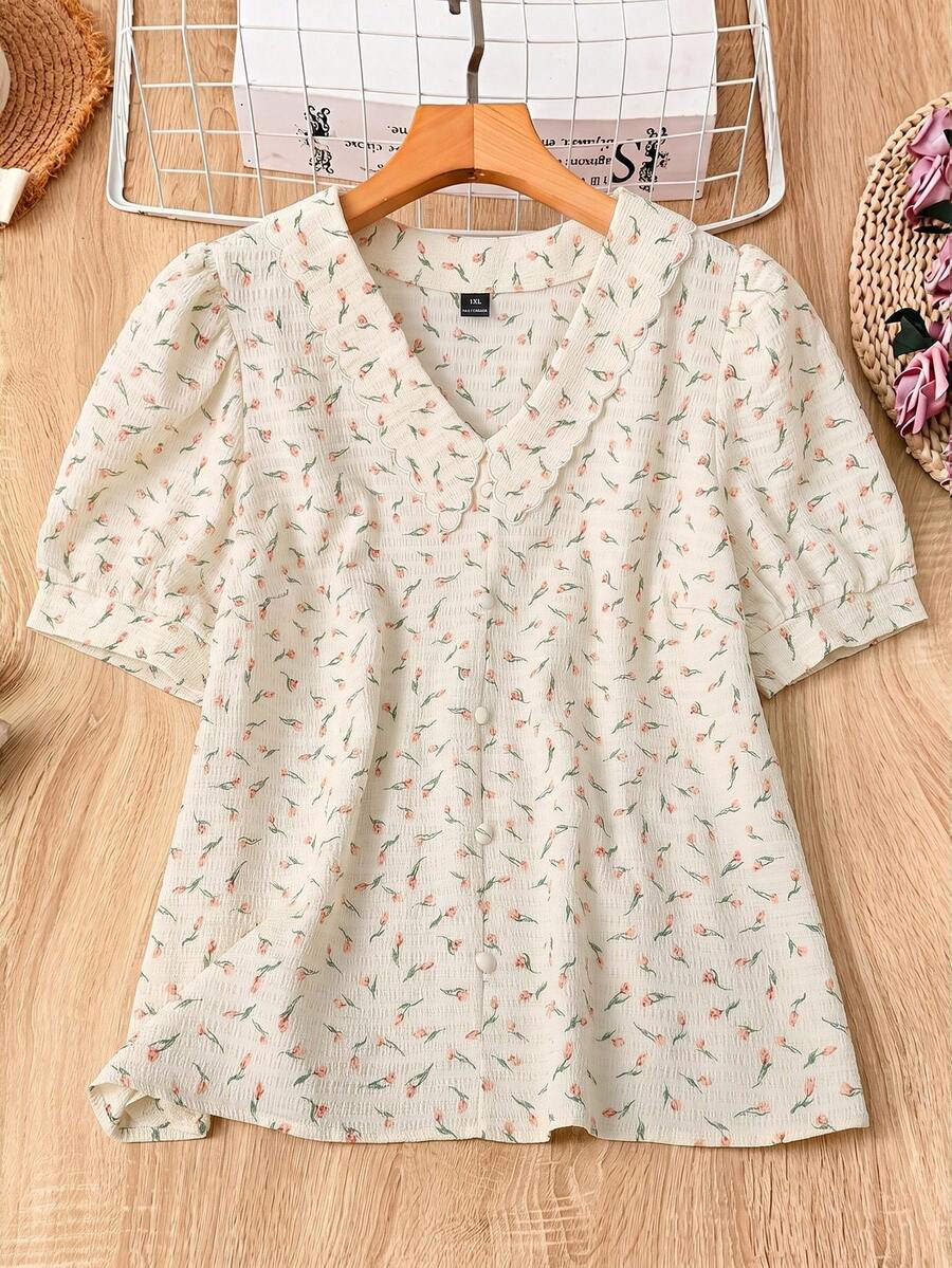 Mulvari Camisa de manga corta con botones y estampado floral francés texturizado para tallas grandes - Albaricoque - Ver 1